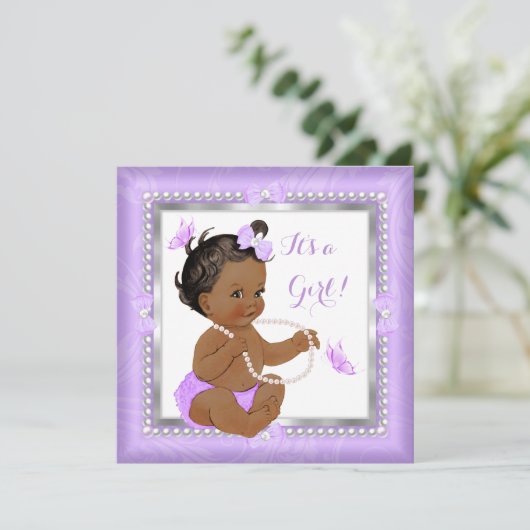 赤ちゃんシャワーガールパープルパールバタフライエスニック 招待状 (スタンド正面)