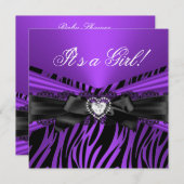 赤ちゃんシャワーガールパープルブラックレースゼブラ 招待状 (正面/裏面)