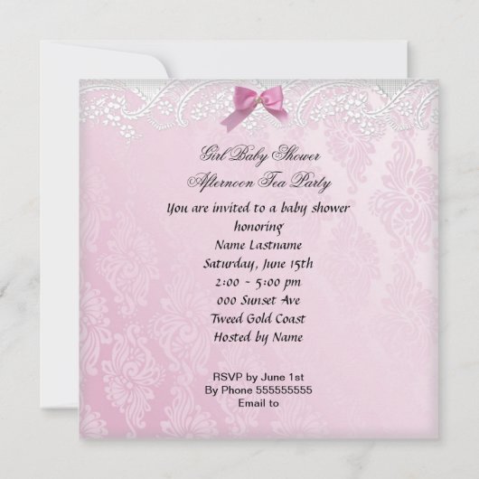 赤ちゃんシャワーガールピンクかわいいベビーティーカップケーキ3 招待状 (裏面)