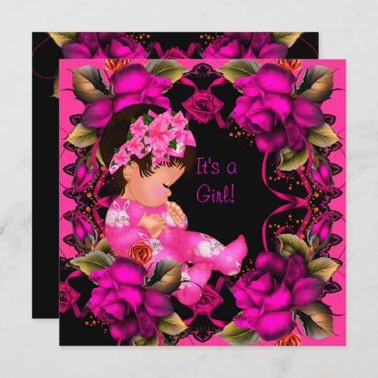 赤ちゃんシャワーガールピンクのバラ花2 招待状 (正面/裏面)