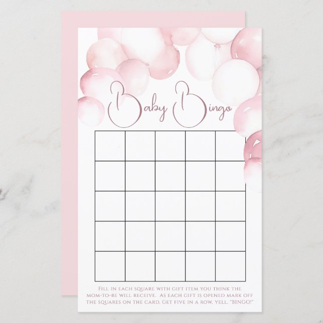 赤ちゃんシャワーガールピンクバルーンのアーチビンゴゲーム (正面/裏面)