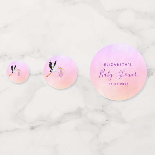 赤ちゃんシャワーガールピンクパープルバラ金ゴールドかわいいコウノトリ コンフェッティ (正面)