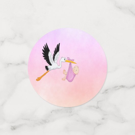 赤ちゃんシャワーガールピンクパープルバラ金ゴールドかわいいコウノトリ コンフェッティ (スモール正面)