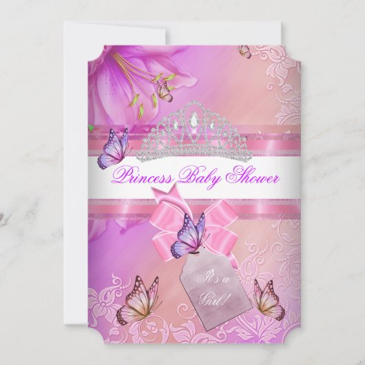 赤ちゃんシャワーガールピンクパープルプリンセス蝶3 招待状 (正面)