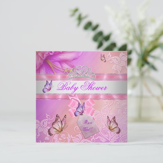 赤ちゃんシャワーガールピンクパープルプリンセス蝶 招待状 (スタンド正面)
