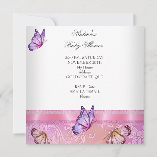 赤ちゃんシャワーガールピンクパープルプリンセス蝶 招待状 (裏面)
