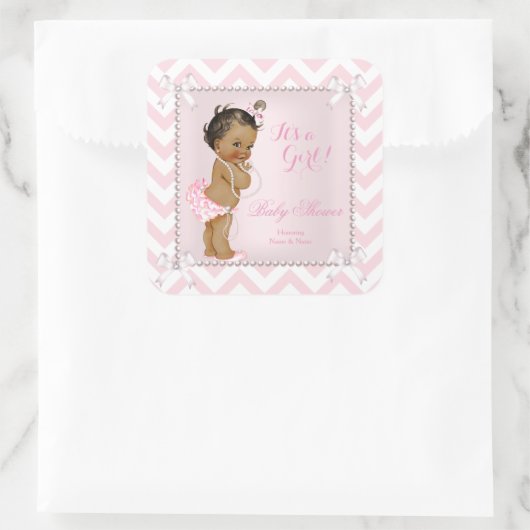 赤ちゃんシャワーガールピンクパールホワイトシェブロンエスニック スクエアシール (バッグ)