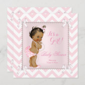 赤ちゃんシャワーガールピンクパールホワイトシェブロンエスニック 招待状 (正面/裏面)