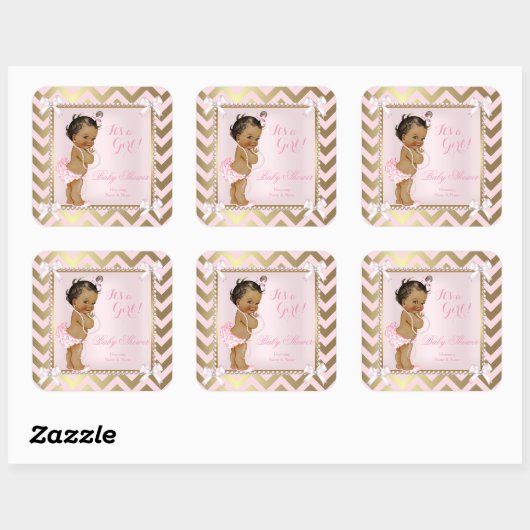 赤ちゃんシャワーガールピンクパール金ゴールドシェブロンエスニック スクエアシール (シート)