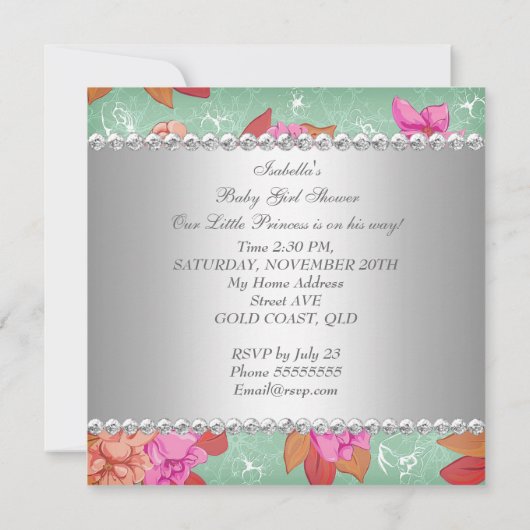 赤ちゃんシャワーガールピンクピンクフローラ椅子 招待状 (裏面)