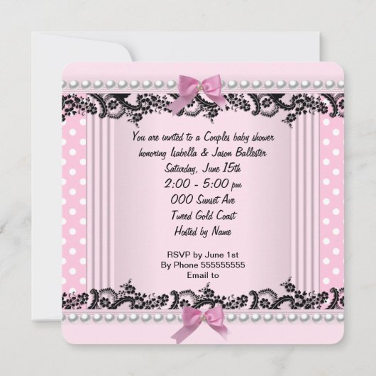 赤ちゃんシャワーガールピンク水玉模様ハイヒールシューズ 招待状 (裏面)