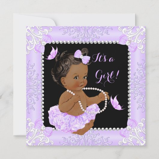 赤ちゃんシャワーガールラベンダーバタフライツチュエスニック 招待状 (正面)