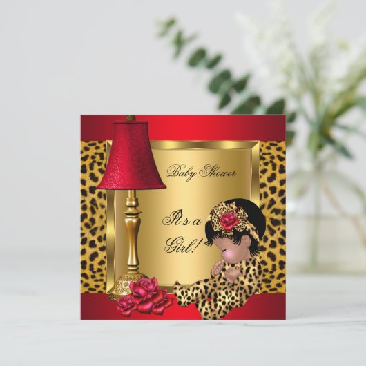 赤ちゃんシャワーガールレッド金ゴールドバラヒョウオウム 招待状 (スタンド正面)