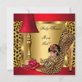 赤ちゃんシャワーガールレッド金ゴールドバラヒョウ靴オウム 招待状 (正面)