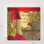 赤ちゃんシャワーガールレッド金ゴールドバラヒョウPramオウム 招待状 (正面)
