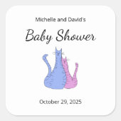 赤ちゃんシャワーキャットツインズイラストレーションブルーピンク スクエアシール (正面)