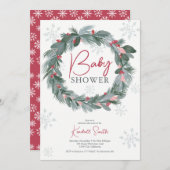 赤ちゃんシャワーグリーンブルー赤フローラクリスマスリース 招待状 (正面/裏面)