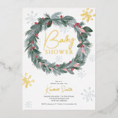 赤ちゃんシャワーグリーンブルー赤フローラクリスマスリース 箔招待状 (正面)