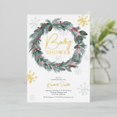 赤ちゃんシャワーグリーンブルー赤フローラクリスマスリース 箔招待状 (立ち正面)