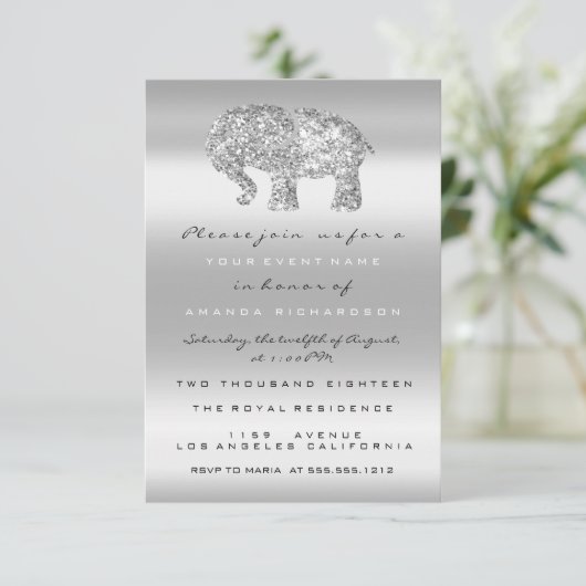 赤ちゃんシャワーグレー気球エレファントガールボーイシルバー 招待状 (スタンド正面)