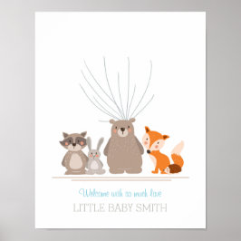 赤ちゃんシャワーゲストブック指紋ウッドランドブルー ポスター