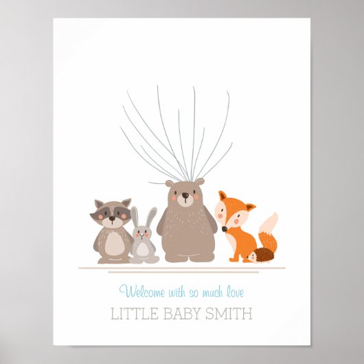 赤ちゃんシャワーゲストブック指紋ウッドランドブルー ポスター (正面)