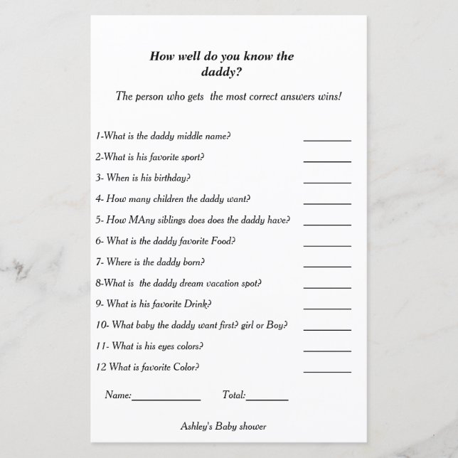 赤ちゃんシャワーゲームあなたがどれだけパパを良くしている (正面)