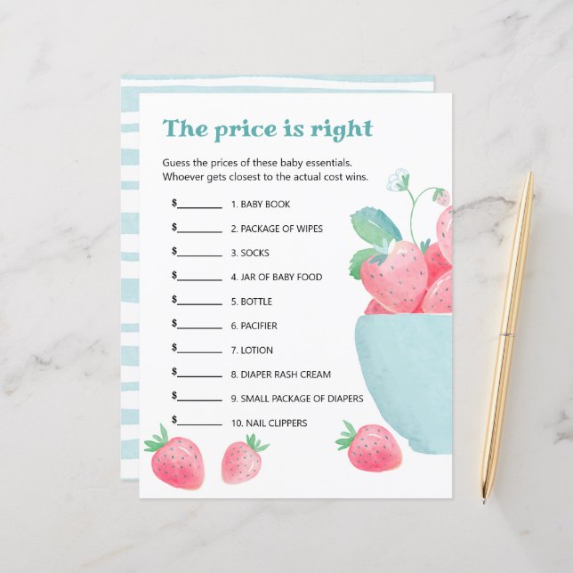 赤ちゃんシャワーゲームかわいいイチゴのシート。 (正面/裏面インサイチュ)