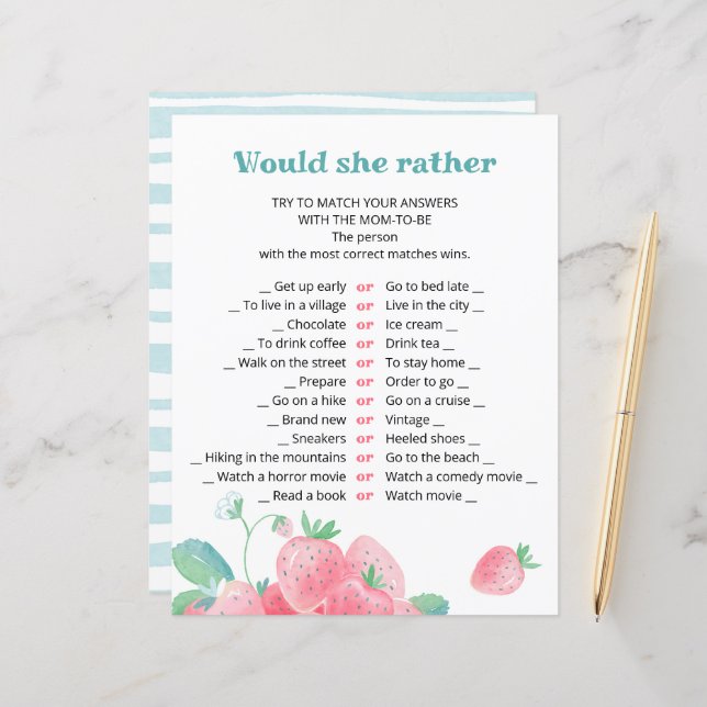 赤ちゃんシャワーゲームかわいいイチゴのシート。 (正面/裏面インサイチュ)