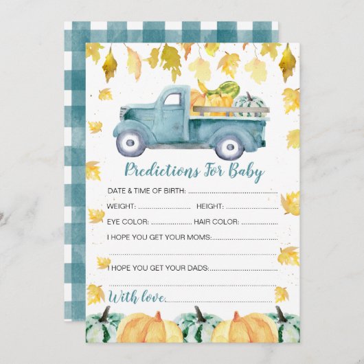 赤ちゃんシャワーゲームのためのカボチャのトラック予測 招待状 (正面/裏面)