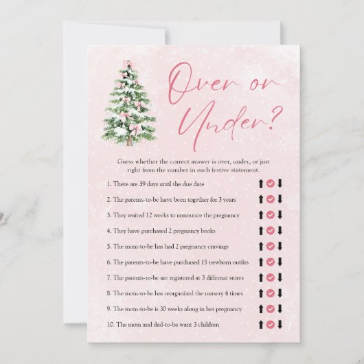 赤ちゃんシャワーゲームの上または下でクリスマスをピンクの弓 招待状 (正面)