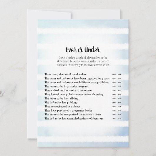 赤ちゃんシャワーゲームの下の白いバニー青 招待状 (正面)