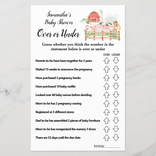 赤ちゃんシャワーゲームカードの上または下の家畜 チラシ (正面)