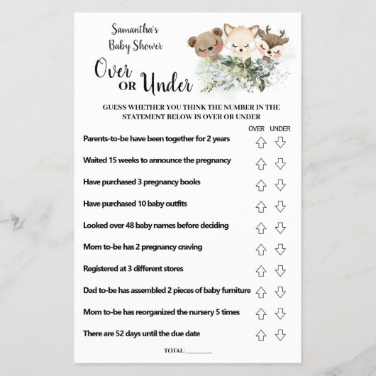 赤ちゃんシャワーゲームカードの上または下の森林動物 チラシ (正面)