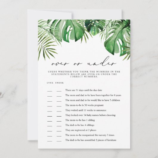 赤ちゃんシャワーゲームカードの下のCORA熱帯 招待状 (正面)