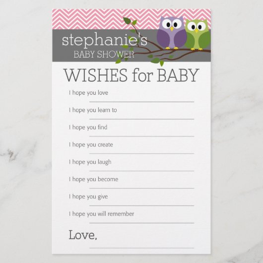 赤ちゃんシャワーゲームピンクかわいいフクロウの女の子への願い (正面)