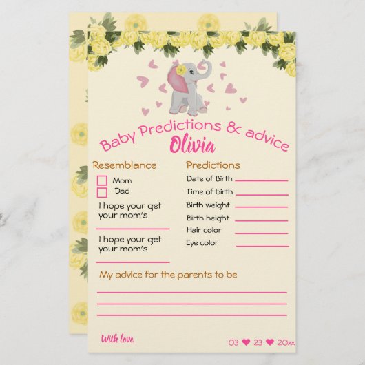 赤ちゃんシャワーゲームピンクとグレーの象カード (正面/裏面)