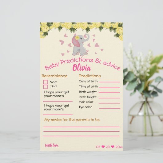 赤ちゃんシャワーゲームピンクとグレーの象カード (スタンド正面)
