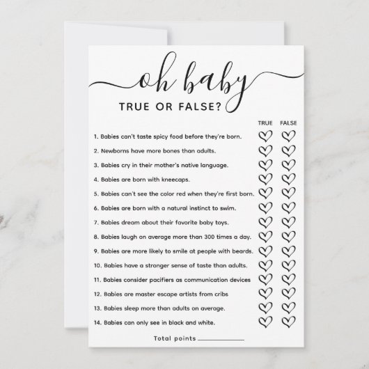 赤ちゃんシャワーゲーム真正または偽のトリビアと回答 招待状 (正面)