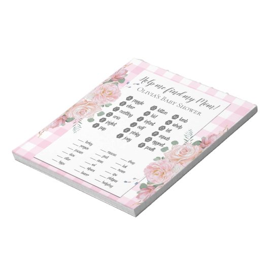 赤ちゃんシャワーゲーム私の母を見つけるピンクのバラのギンガム ノートパッド (回転)