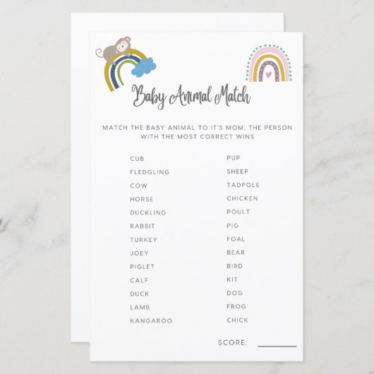 赤ちゃんシャワーゲーム赤ちゃんアニマルマッチ男女兼用 (正面/裏面)