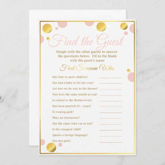 赤ちゃんシャワーゲーム「ゲストを見つける」ピンクと金ゴールド 招待状 (正面/裏面)