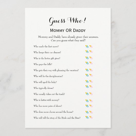 赤ちゃんシャワーゲーム – ベビーと推測の願い アドバイスカード (正面)