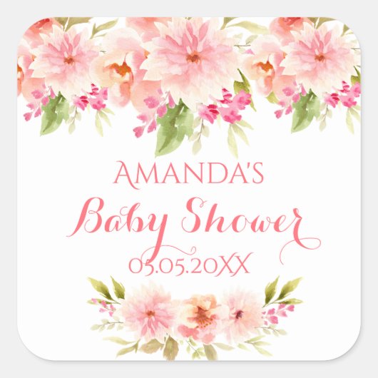 赤ちゃんシャワーコーモモモモモ花白 スクエアシール (正面)