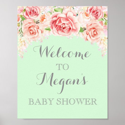 赤ちゃんシャワーサインピンクウォーターカラーフラワーズミント ポスター (正面)