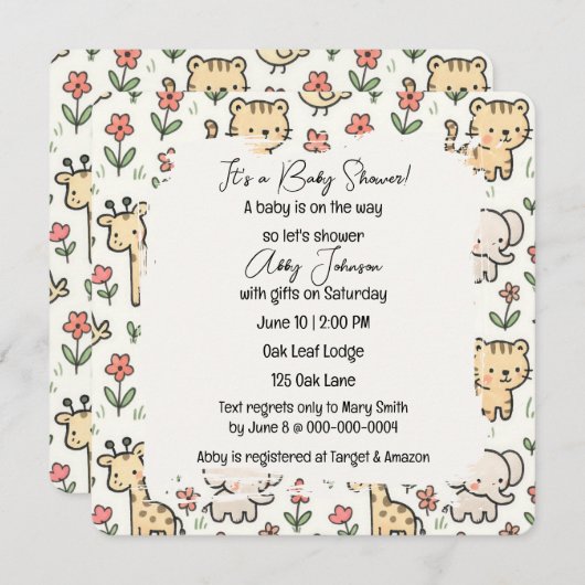 赤ちゃんシャワーサファリ動物と花 招待状 (正面/裏面)