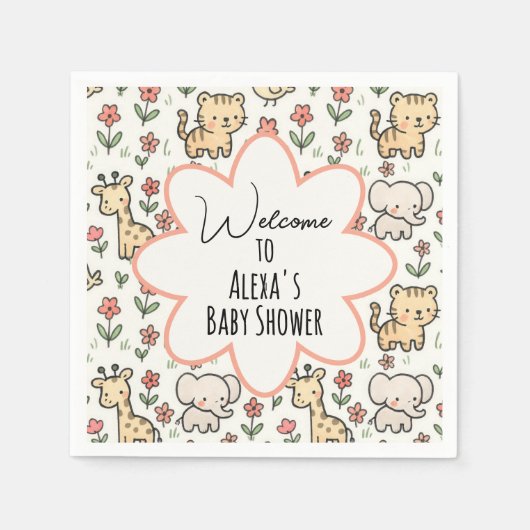 赤ちゃんシャワーサファリ花付き動物 スタンダードカクテルナプキン (正面)
