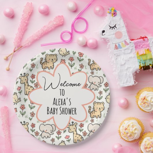 赤ちゃんシャワーサファリ花付き動物 ペーパープレート (パーティー)