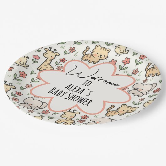 赤ちゃんシャワーサファリ花付き動物 ペーパープレート (アングル)