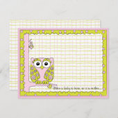 赤ちゃんシャワーサンキューカード、ピンク/グリーンフクロウ サンキューカード (正面/裏面)